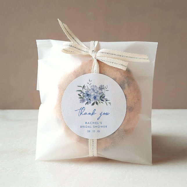 Watercolor Dusty Blue Floral Bridal Shower Classic Round Sticker (Creator Uploaded)
