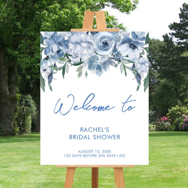 Watercolor Dusty Blue Floral Bridal Shower Welcome Foam Board (Creator Uploaded)