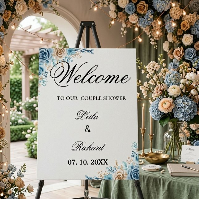 Watercolor dusty Blue Floral Couple shower Welcome Foam Board (Creator Uploaded)