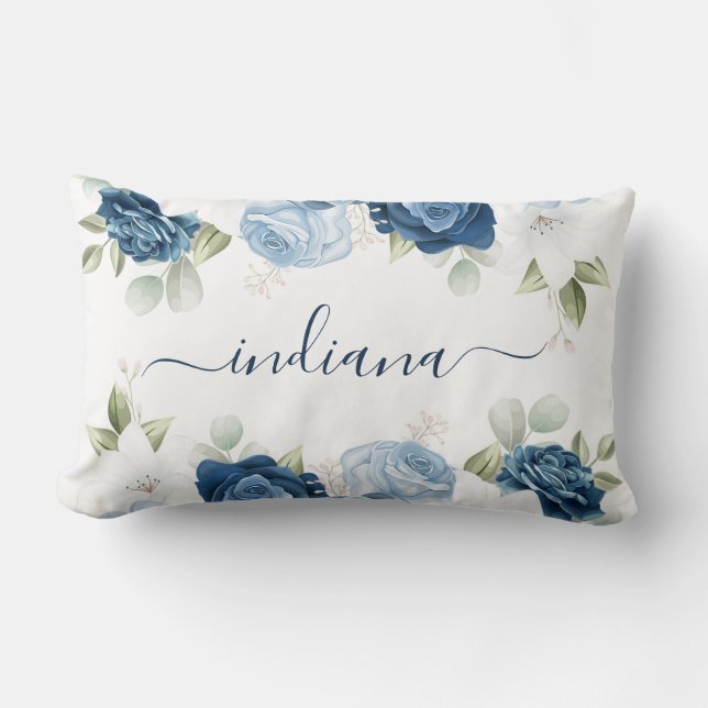 Watercolor Dusty Blue Floral Elegant Monogram Lumbar Pillow (Front)