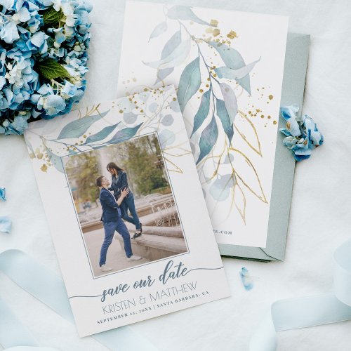 Watercolor Dusty Blue Floral Elegant Photo Wedding Save The Date