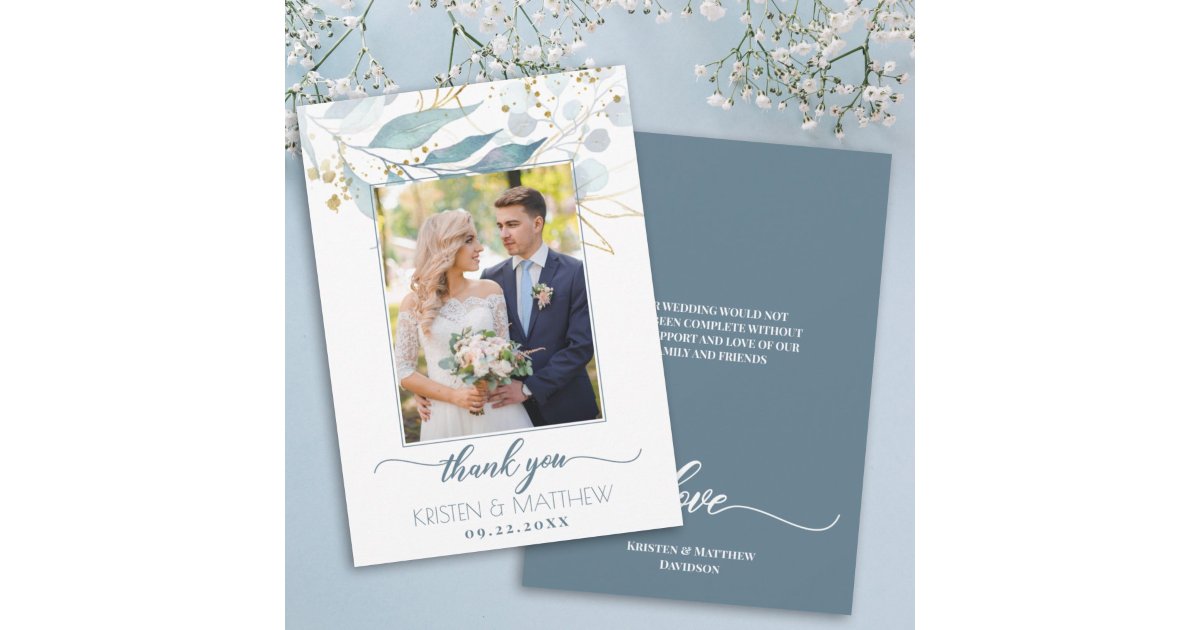 Watercolor Dusty Blue Floral Elegant Photo Wedding Thank You Card | Zazzle