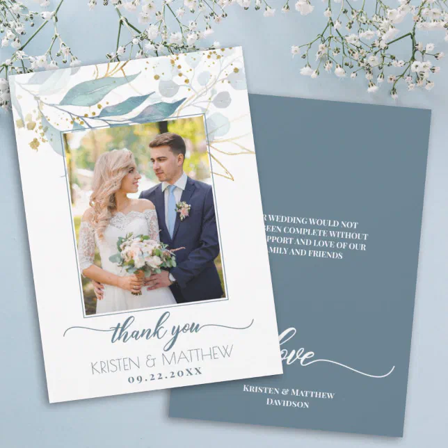 Watercolor Dusty Blue Floral Elegant Photo Wedding Thank You Card | Zazzle