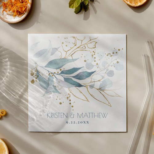 Watercolor Dusty Blue Floral Elegant Wedding Napkins