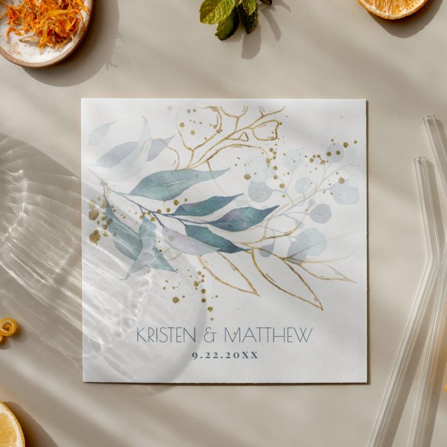 Watercolor Dusty Blue Floral Elegant Wedding Napkins (Dusty blue elegant greenery with gold accents for a boho feel that will step up cocktail hour.)