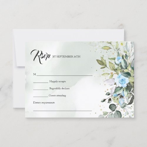 Watercolor Dusty blue floral eucalyptus and gold RSVP Card