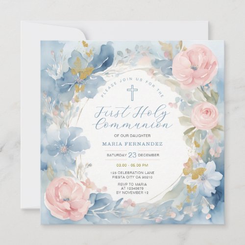 Watercolor Dusty Blue Floral First Holy Communion