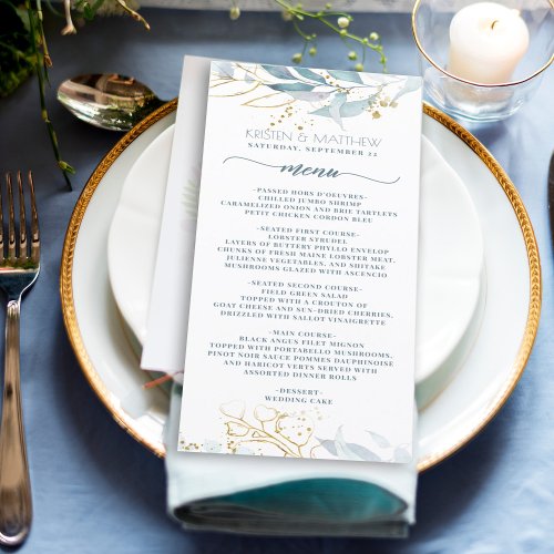 Watercolor Dusty Blue Floral Gold Elegant Wedding Menu