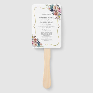 Watercolor Dusty Blue Floral Gold Frame Wedding Hand Fan