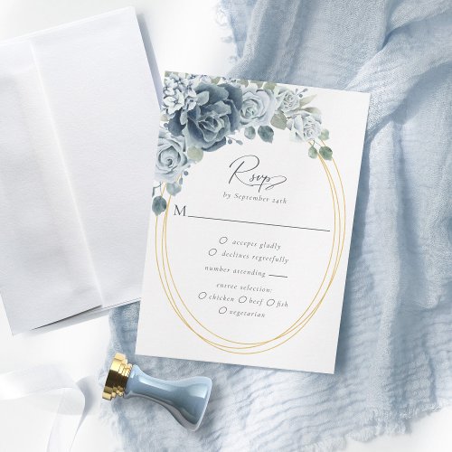 Watercolor Dusty Blue Floral Meal Options Wedding RSVP Card