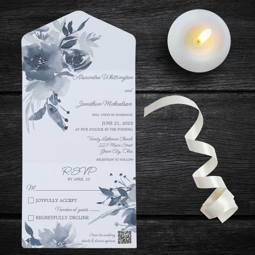 Watercolor Dusty Blue Floral on Blue QR Code All In One Invitation