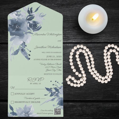 Watercolor Dusty Blue Floral on Green QR Code All In One Invitation
