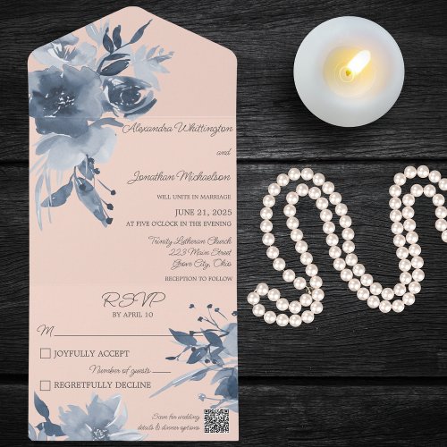 Watercolor Dusty Blue Floral on Peach QR Code All In One Invitation