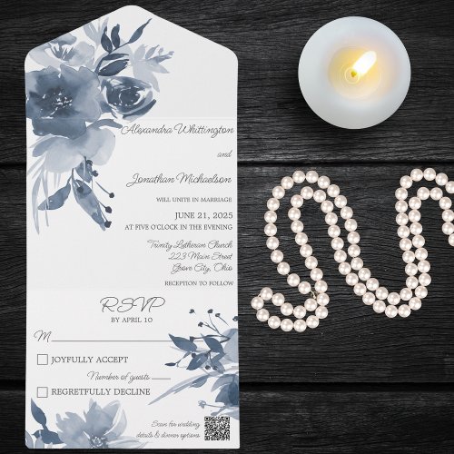 Watercolor Dusty Blue Floral on White QR Code All In One Invitation