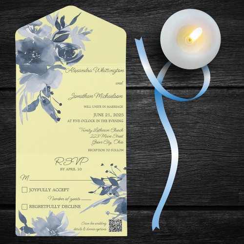 Watercolor Dusty Blue Floral on Yellow QR Code All In One Invitation