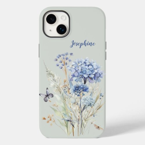 Watercolor Dusty Blue Floral Personalized Case_Mate iPhone 14 Plus Case