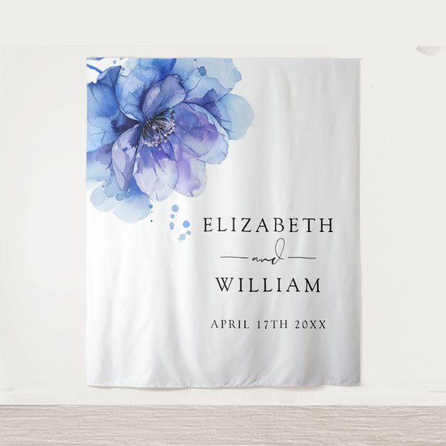 Watercolor Dusty Blue Floral Photo Booth Backdrop (Front)