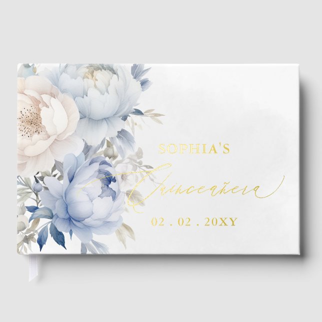 Watercolor Dusty Blue Floral Quinceañera Foil Guest Book (Front)