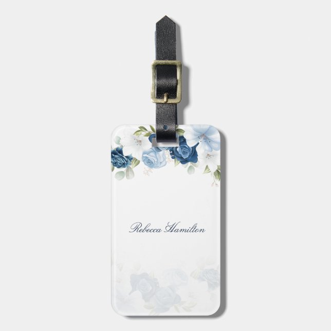 Watercolor Dusty Blue Floral Script Custom Luggage Tag (Front Vertical)