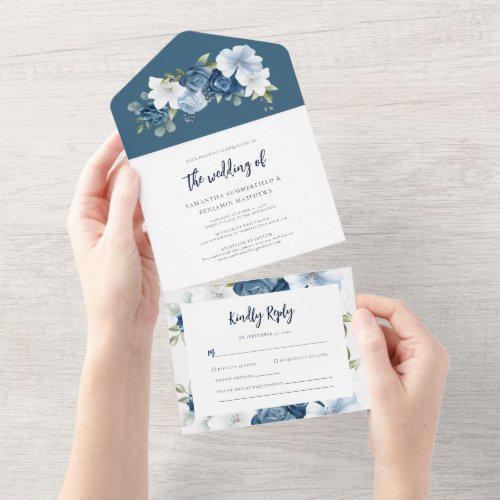 Watercolor Dusty Blue Floral Script Wedding All In One Invitation