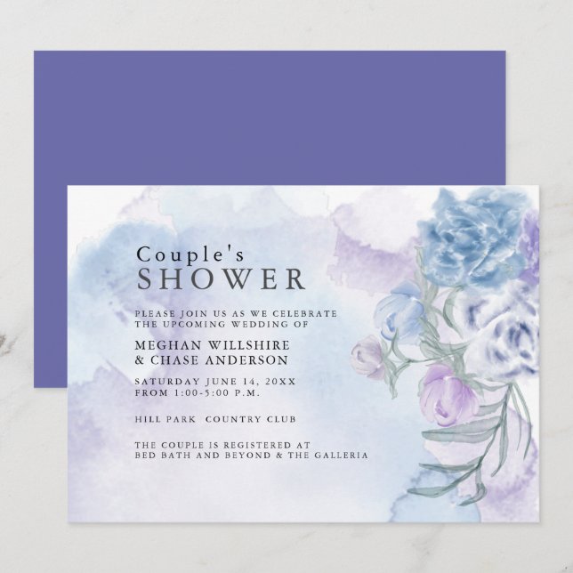 Watercolor Dusty Blue Floral Shower Invitation (Front/Back)
