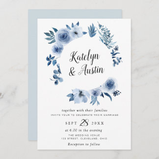 Watercolor dusty blue floral wedding invitation