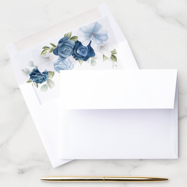 Watercolor Dusty Blue Floral Wedding Invitations Envelope Liner (Desk)