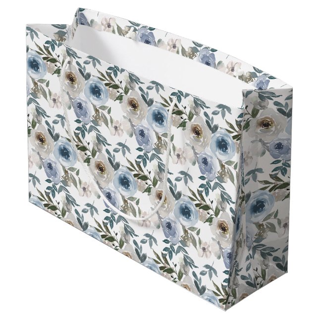 Watercolor Dusty Blue Floral Wedding  Large Gift Bag (Back Angled)