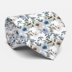 Watercolor Dusty Blue Floral Wedding  Neck Tie