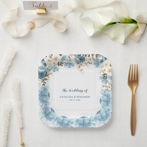 Watercolor Dusty Blue Floral Wedding  Paper Plates