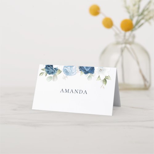 Watercolor Dusty Blue Floral Wedding Place Card