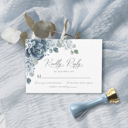 Watercolor Dusty Blue Floral Wedding RSVP Card