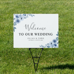 watercolor dusty blue floral wedding welcome sign