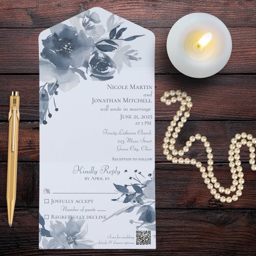 Watercolor Dusty Blue Floral with QR Code All In One Invitation