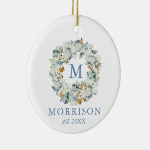 Watercolor Dusty Blue Floral Wreath PHOTO BACK Ceramic Ornament