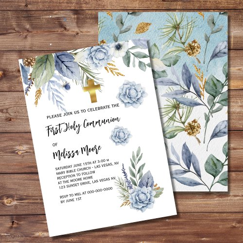 Watercolor Dusty Blue Flower First Holy Communion  Invitation