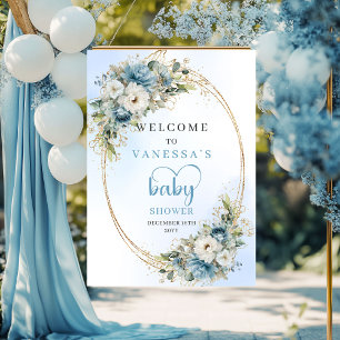 Watercolor Dusty Blue Flowers Gold Baby Shower Poster