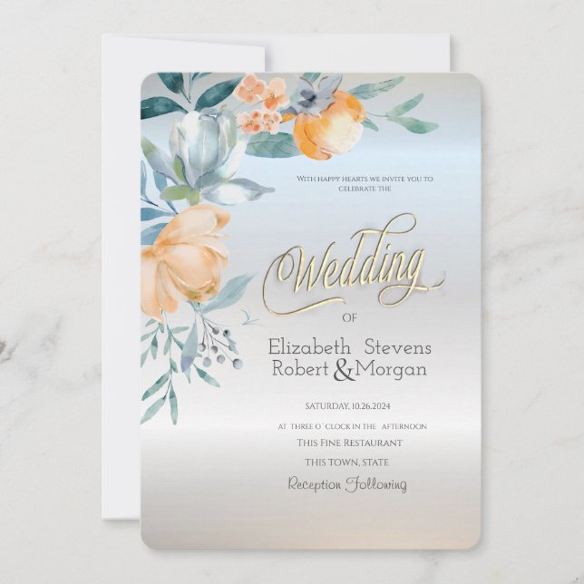 Watercolor Dusty Blue Flowers Silver Wedding Invitation (Front)