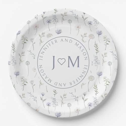 Watercolor dusty blue flowers wedding paper plates