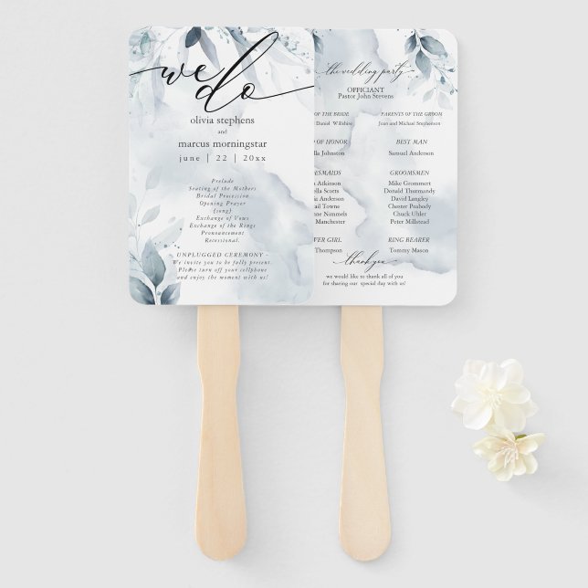 Watercolor Dusty Blue Foliage Dawna2 Hand Fan (Front and Back)