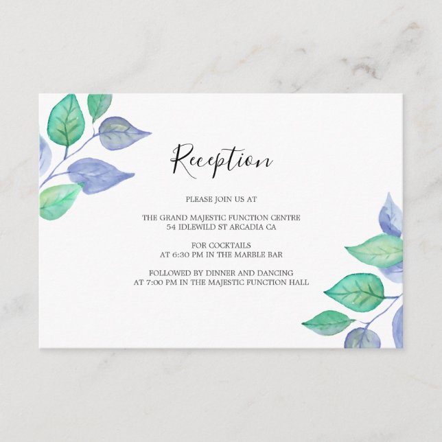 Watercolor Dusty Blue Foliage Wedding Reception Enclosure Card (Front)