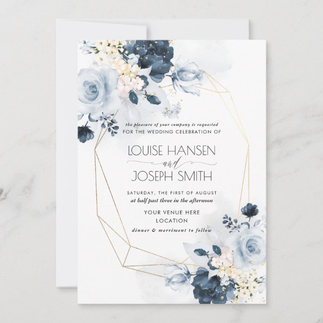 Watercolor Dusty Blue Garden Roses Wedding Invitation (Front)