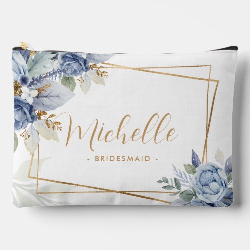Watercolor Dusty Blue  Gold Floral Bridesmaid Accessory Pouch