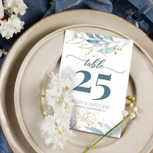 Watercolor Dusty Blue Gold Floral Elegant Wedding Table Number