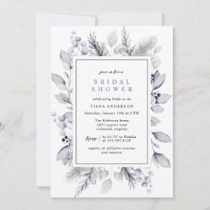 Watercolor Dusty Blue Gray Winter Bridal Shower Invitation