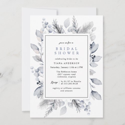 Watercolor Dusty Blue Gray Winter Bridal Shower Invitation