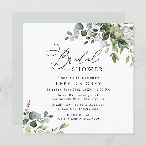 Watercolor Dusty Blue Greenery Bridal Shower Invitation