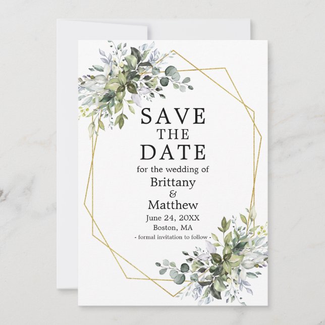 Watercolor Dusty Blue Greenery Geometric Frame Save The Date (Front)