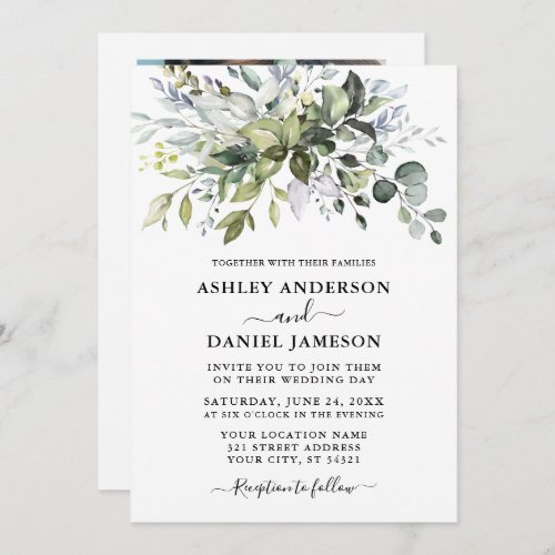 Watercolor Dusty Blue Greenery Photo Wedding Invitation