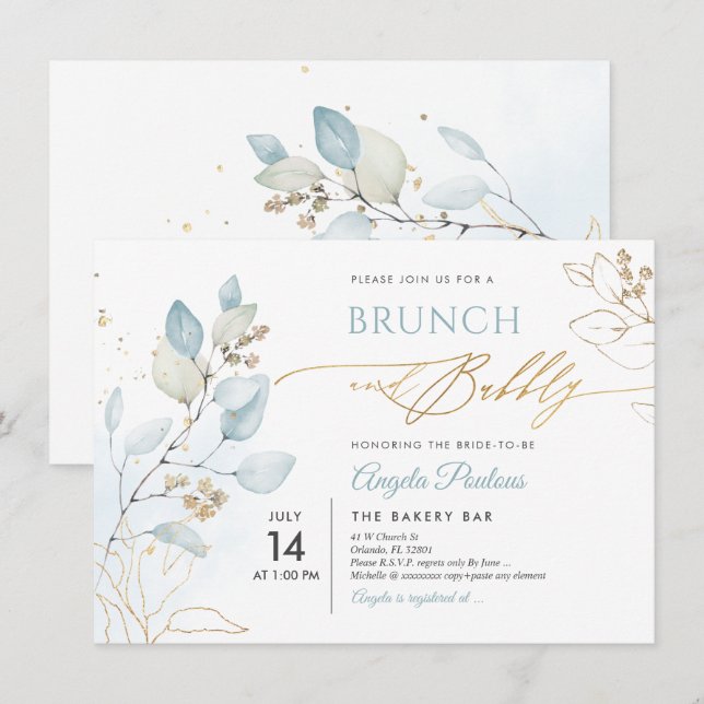 Watercolor Dusty Blue Gum Eucalyptus Brunch Bubbly Invitation (Front/Back)